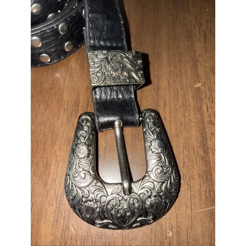 Y2K Studded Punk Grunge Biker Belt Black Silver Engraved Buckle One Size